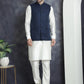 Men's Solid Nehru Jacket with White Kurta & Churidar ( JOKPWC 592W 4046Navy )
