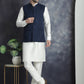 Men's Solid Nehru Jacket with White Kurta & Churidar ( JOKPWC 592W 4046Navy )