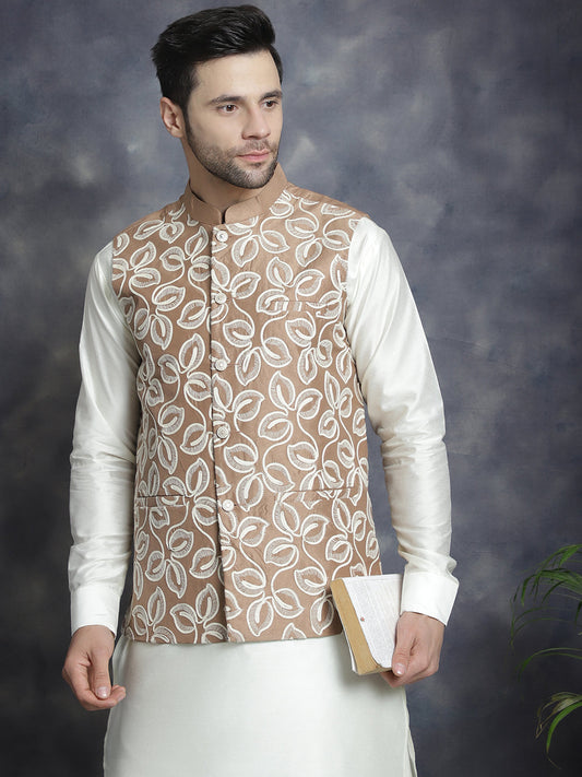 Men's Embroidred Nehru Jacket With Solid Kurta Pyjama ( JOKPWC 592W 4092Brown )