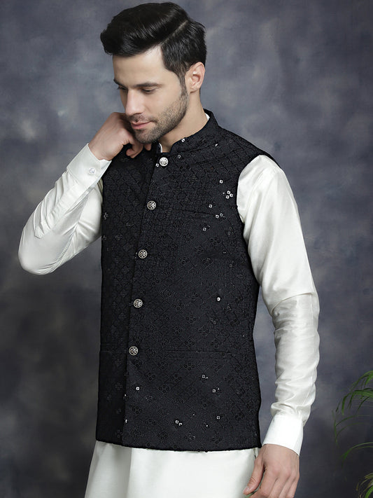 Men's Sequins and Embroidred Nehru Jacket With Solid Kurta Pyjama ( JOKPWC 592W 4093Black )