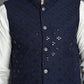 Men's Sequins and Embroidred Nehru Jacket With Solid Kurta Pyjama ( JOKPWC 592W 4093Navy )