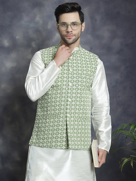 Men's Embroidred Nehru Jacket With Solid Kurta Pyjama ( JOKPWC 592W 4094Mehndi )