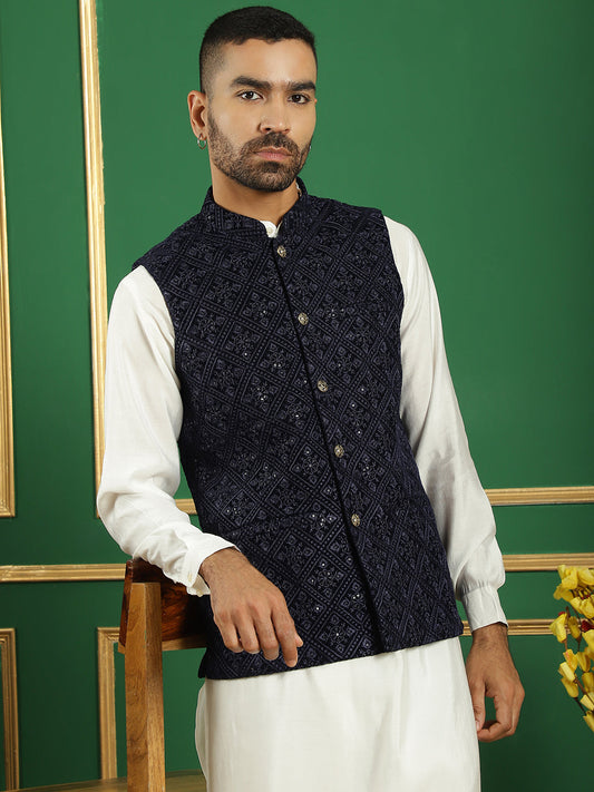 Men's Velvet Nehru Jacket With Solid Kurta Pyjama