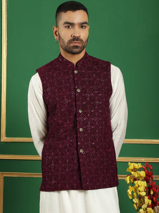 Men's Velvet Nehru Jacket With Solid Kurta Pyjama