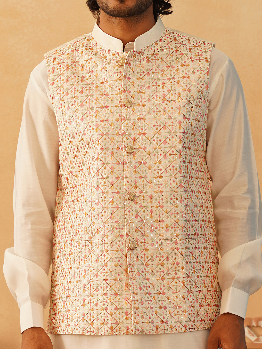 Embroidered Nehru Jacket With Solid Kurta Pyjama Set