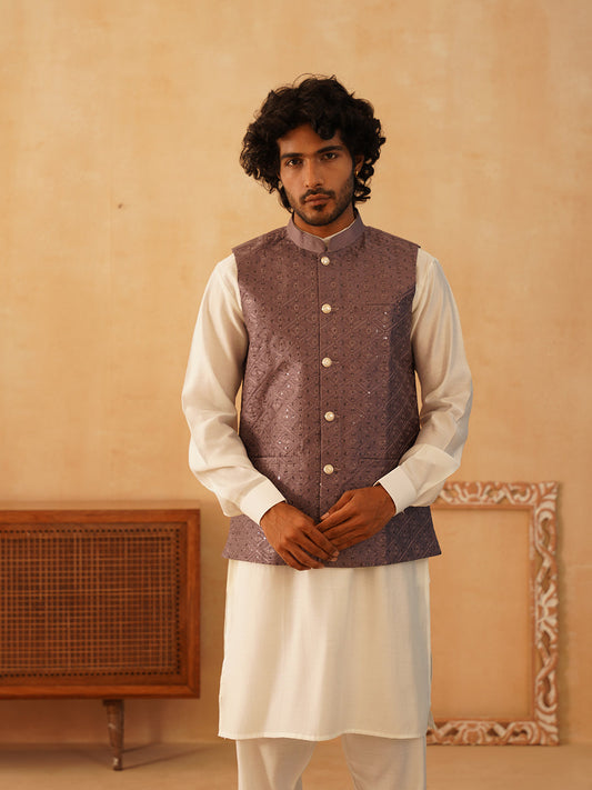 Embroidered Nehru Jacket With Solid Kurta Pyjama Set ( JOKPWC 592W 4105Purple )