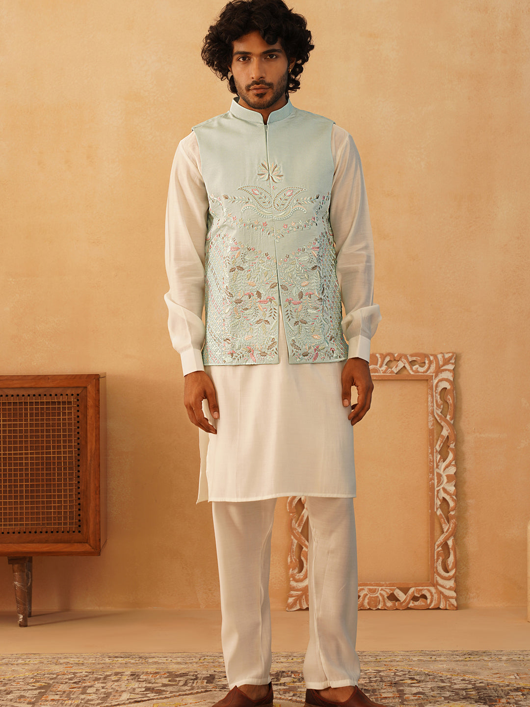 Embroidered Nehru Jacket With Solid Kurta Pyjama Set