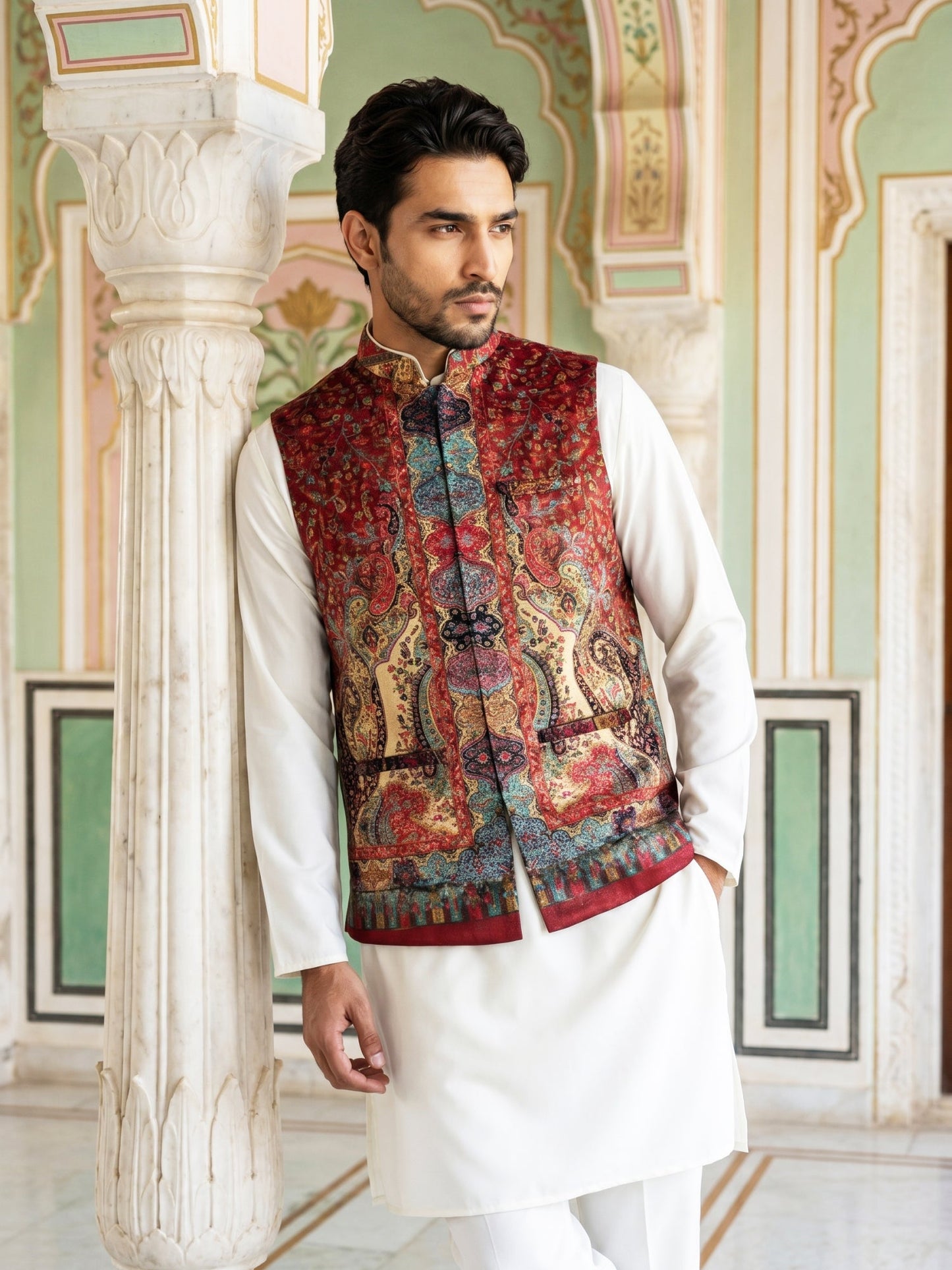 Paisley Printed Nehru Jacket With Solid Kurta Pyjama Set