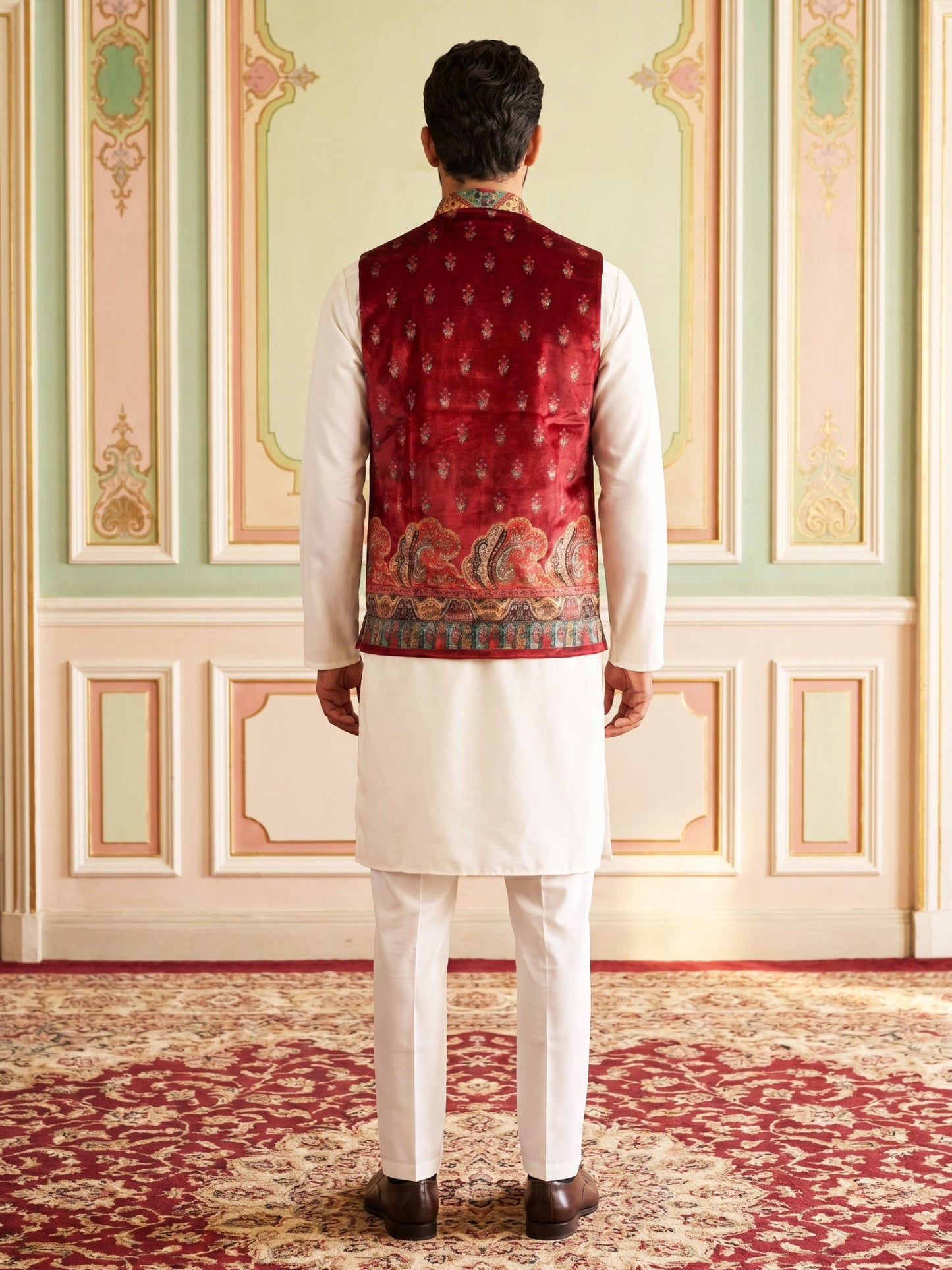 Paisley Printed Nehru Jacket With Solid Kurta Pyjama Set