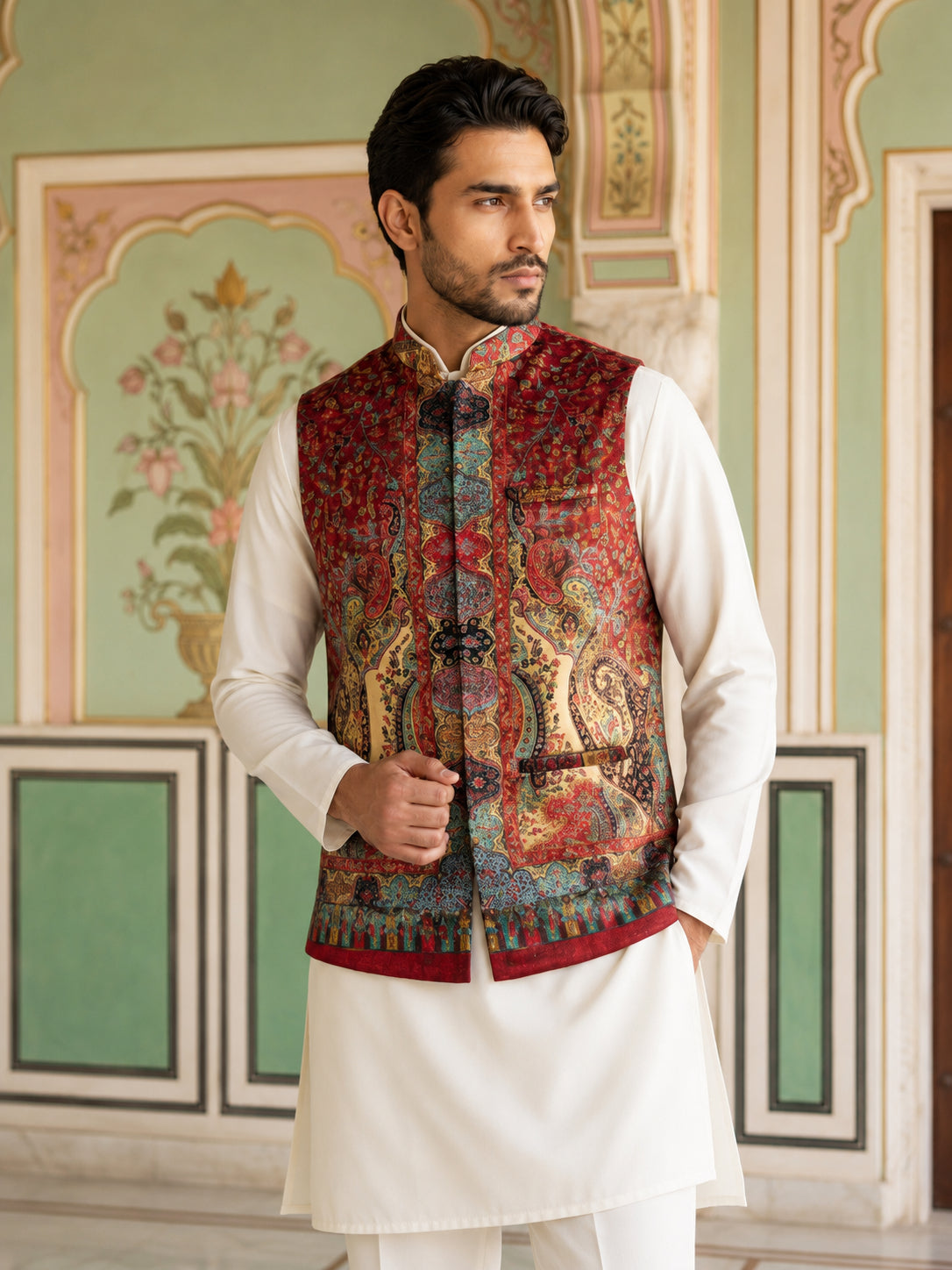 Paisley Printed Nehru Jacket With Solid Kurta Pyjama Set