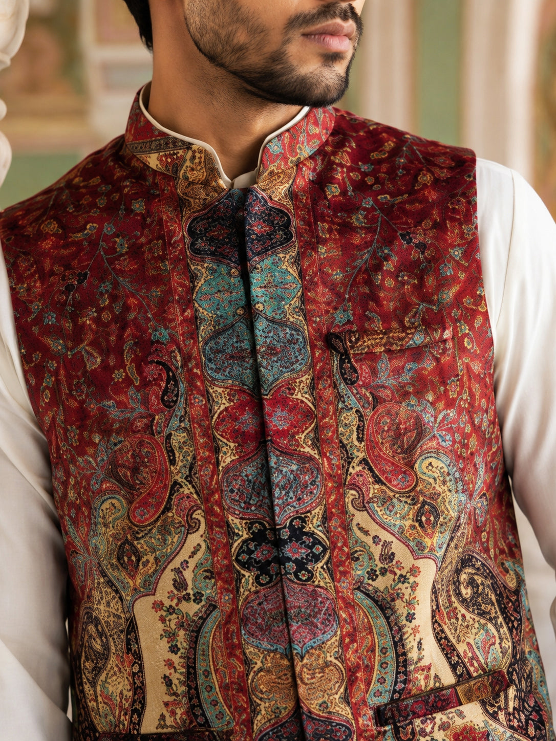 Paisley Printed Nehru Jacket With Solid Kurta Pyjama Set