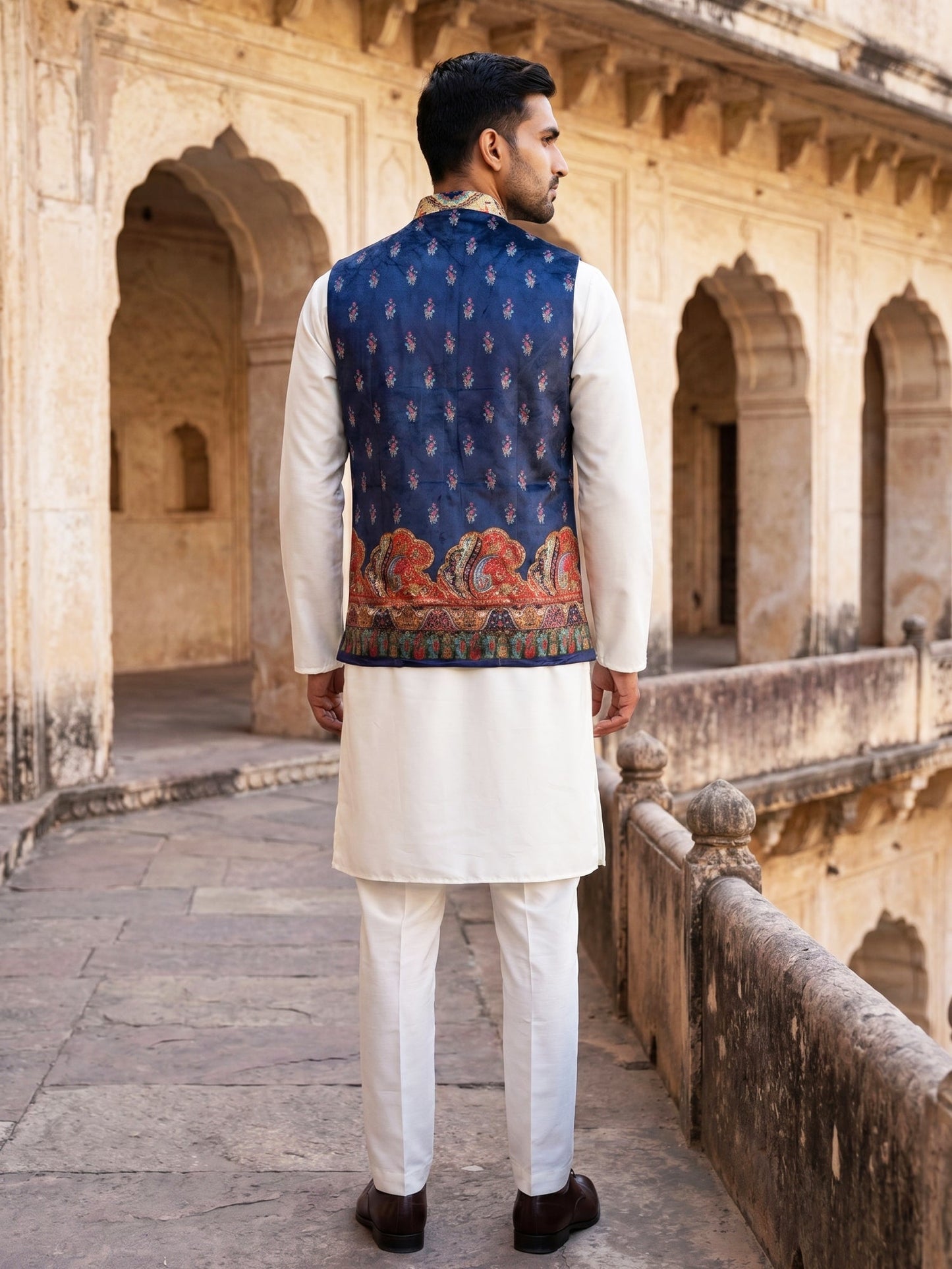 Paisley Printed Nehru Jacket With Solid Kurta Pyjama Set