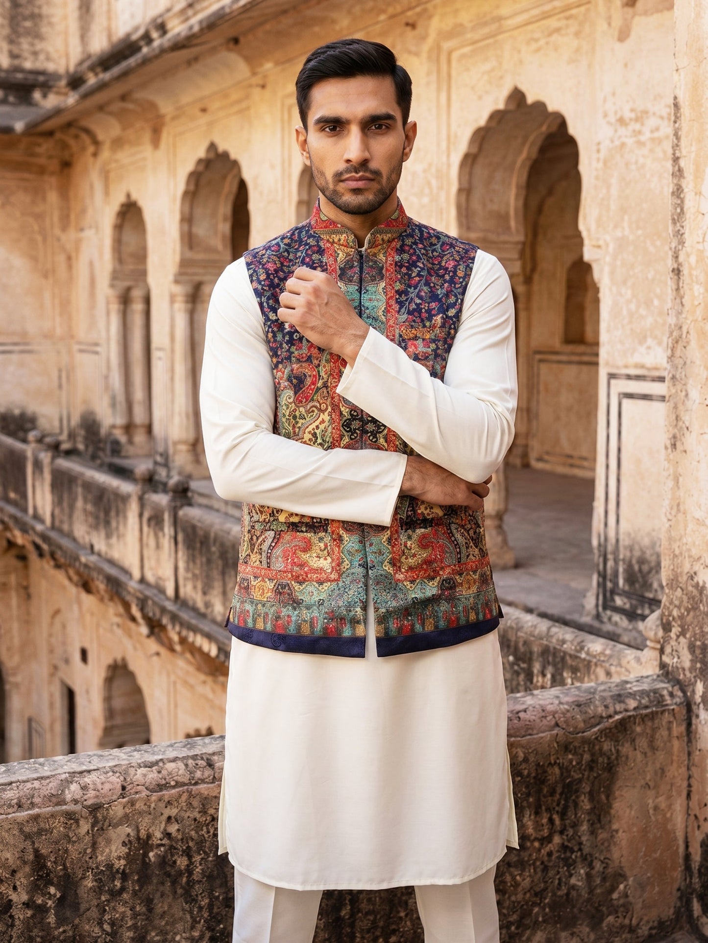Paisley Printed Nehru Jacket With Solid Kurta Pyjama Set
