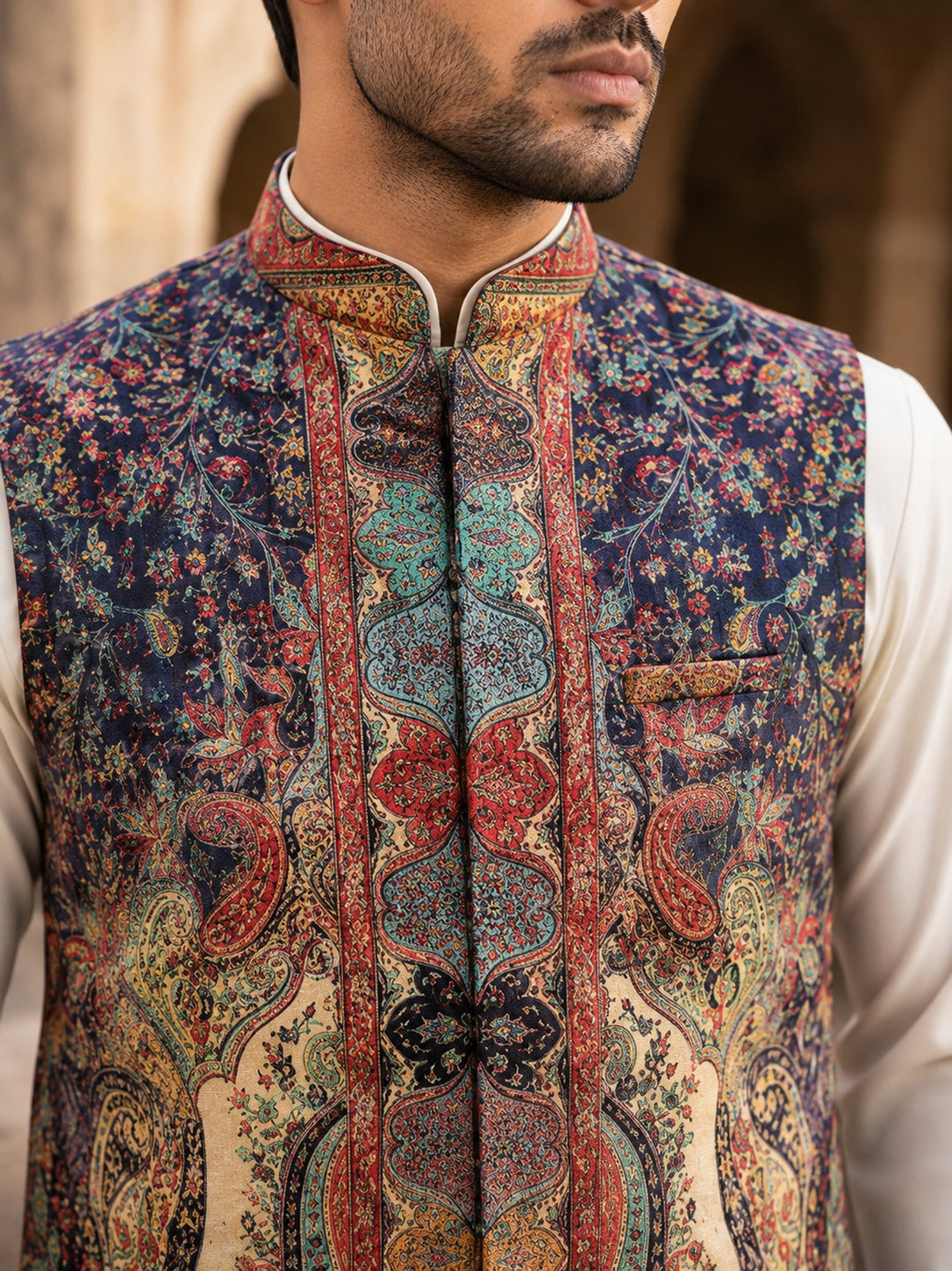 Paisley Printed Nehru Jacket With Solid Kurta Pyjama Set