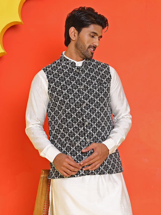 Embroidered Nehru Jacket With Solid Kurta Pyjama Set ( JOKPWC 592W 4110 Black )