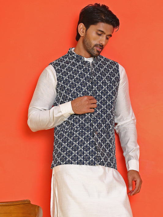 Embroidered Nehru Jacket With Solid Kurta Pyjama Set ( JOKPWC 592W 4110 Peacock )