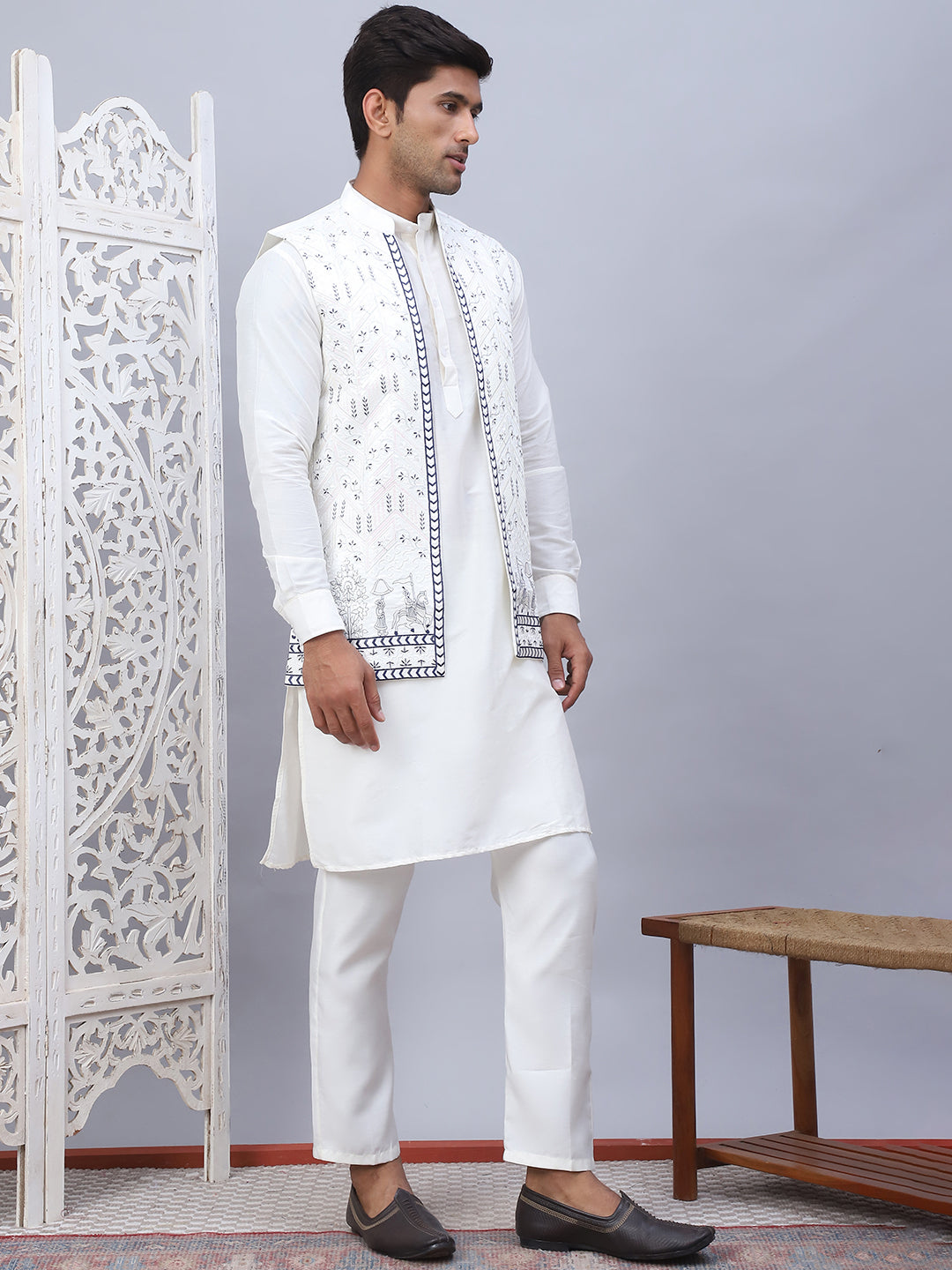 Embroidered Nehru Jacket With Solid Kurta Pyjama Set