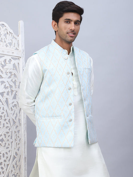 Embossed Nehru Jacket With Solid Kurta Pyjama Set