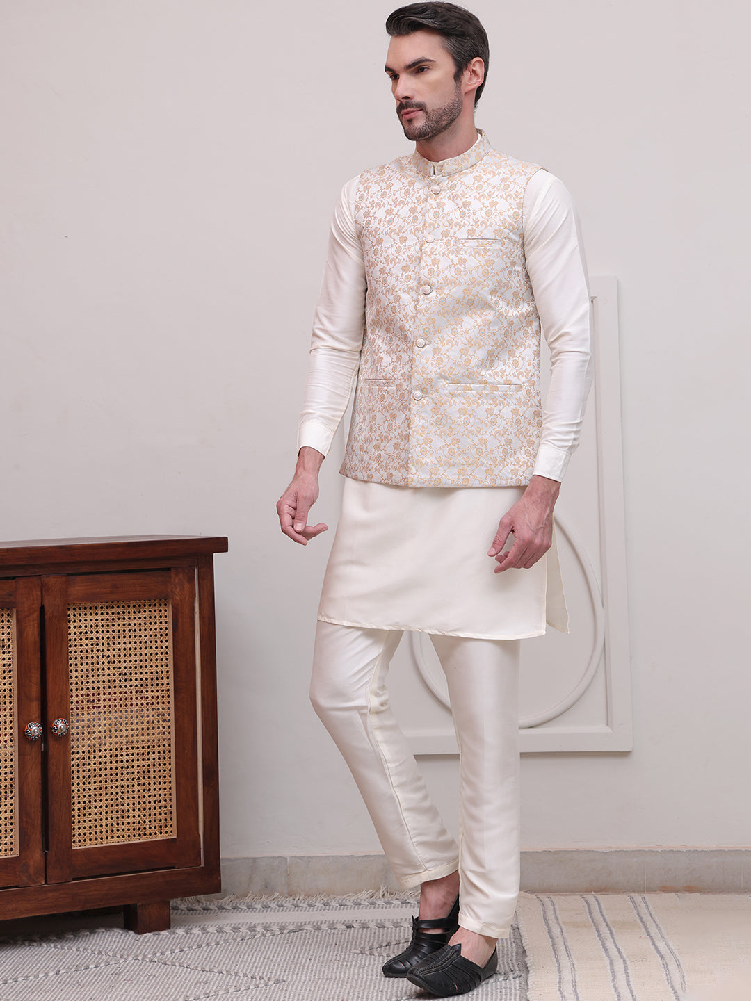 Men's Woven Design Nehru Jacket With Solid Kurta Pyjama ( JOKPWC 592W 4114White )