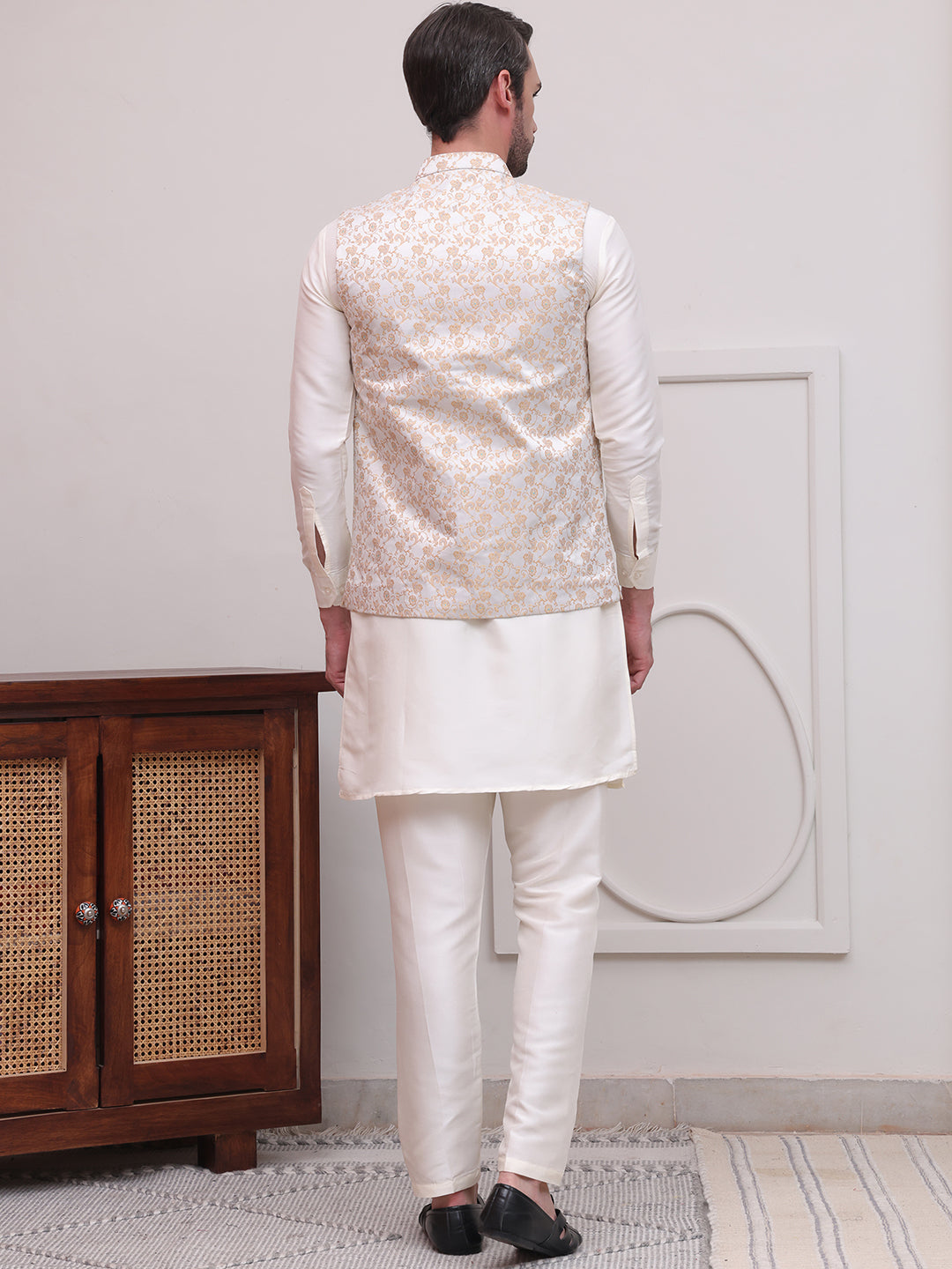 Men's Woven Design Nehru Jacket With Solid Kurta Pyjama ( JOKPWC 592W 4114White )
