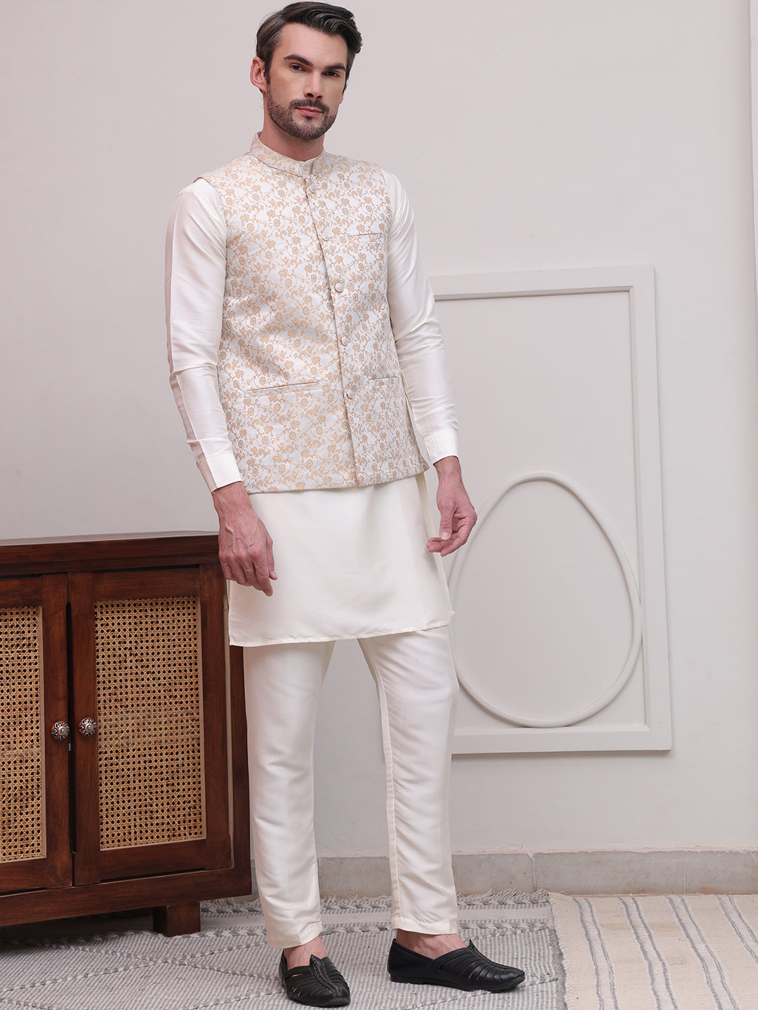 Men's Woven Design Nehru Jacket With Solid Kurta Pyjama ( JOKPWC 592W 4114White )