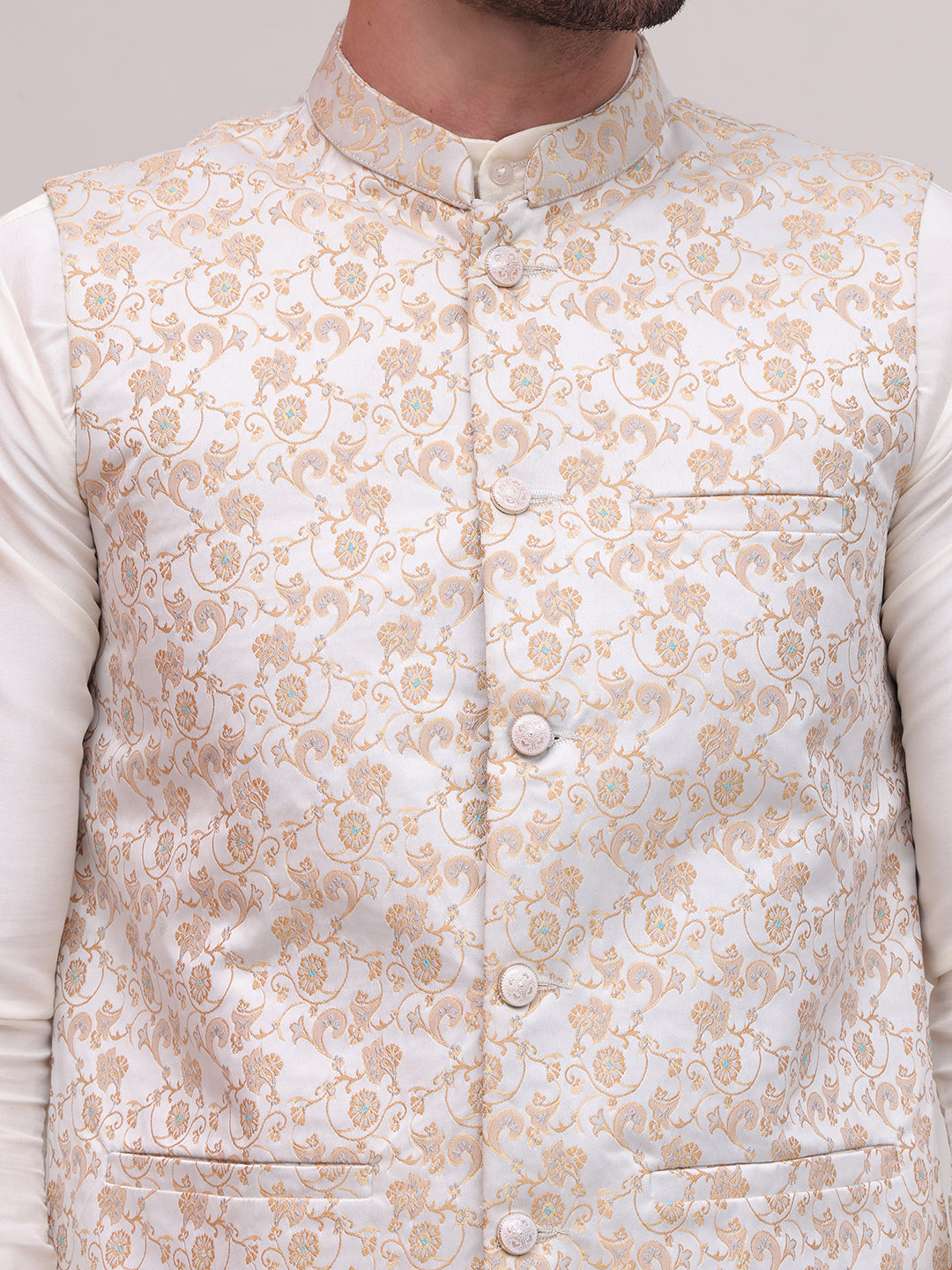 Men's Woven Design Nehru Jacket With Solid Kurta Pyjama ( JOKPWC 592W 4114White )