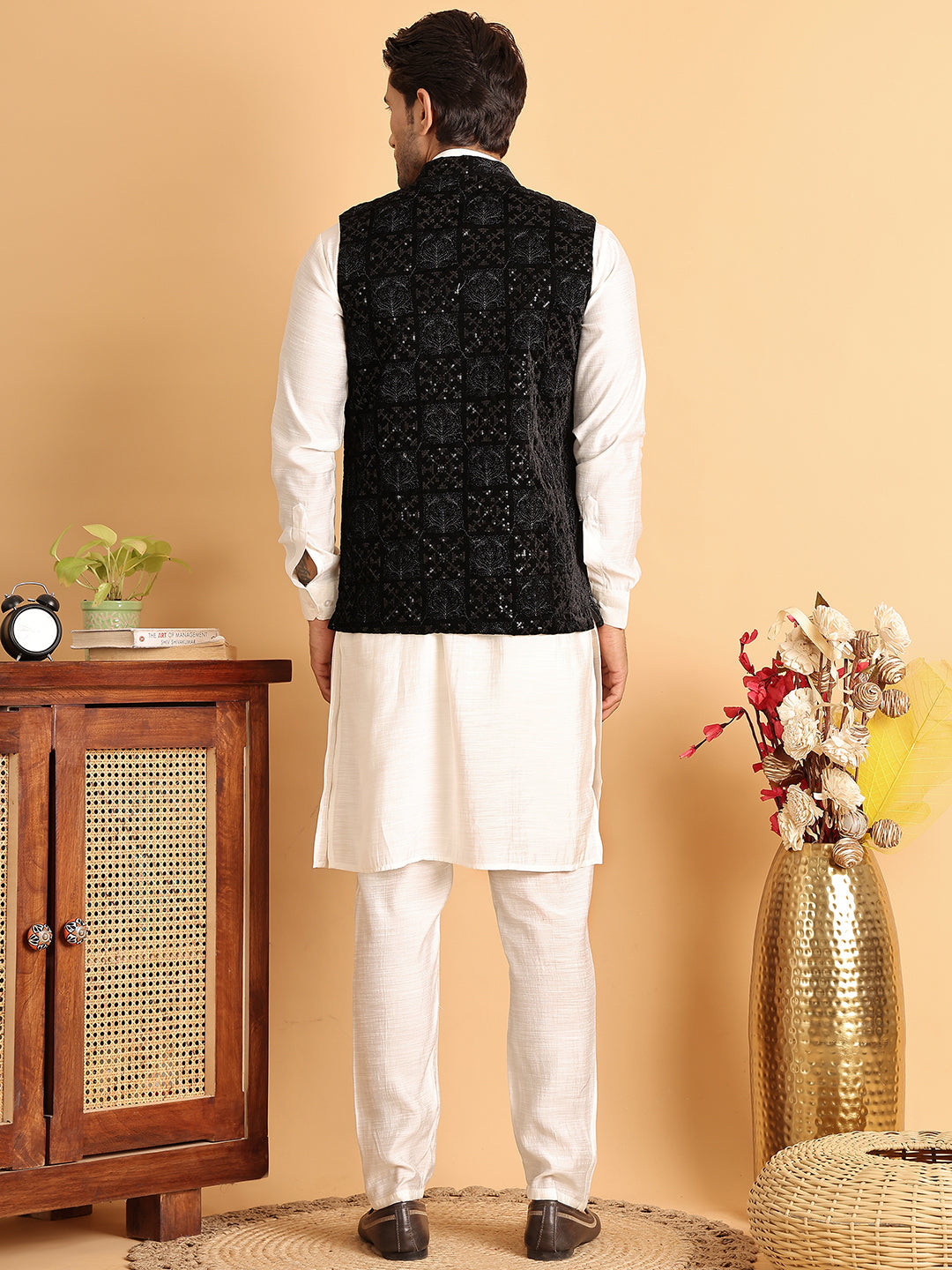 Men's Velvet Nehru Jacket With Solid Kurta Pyjama ( JOKPWC 592W 4118Black )