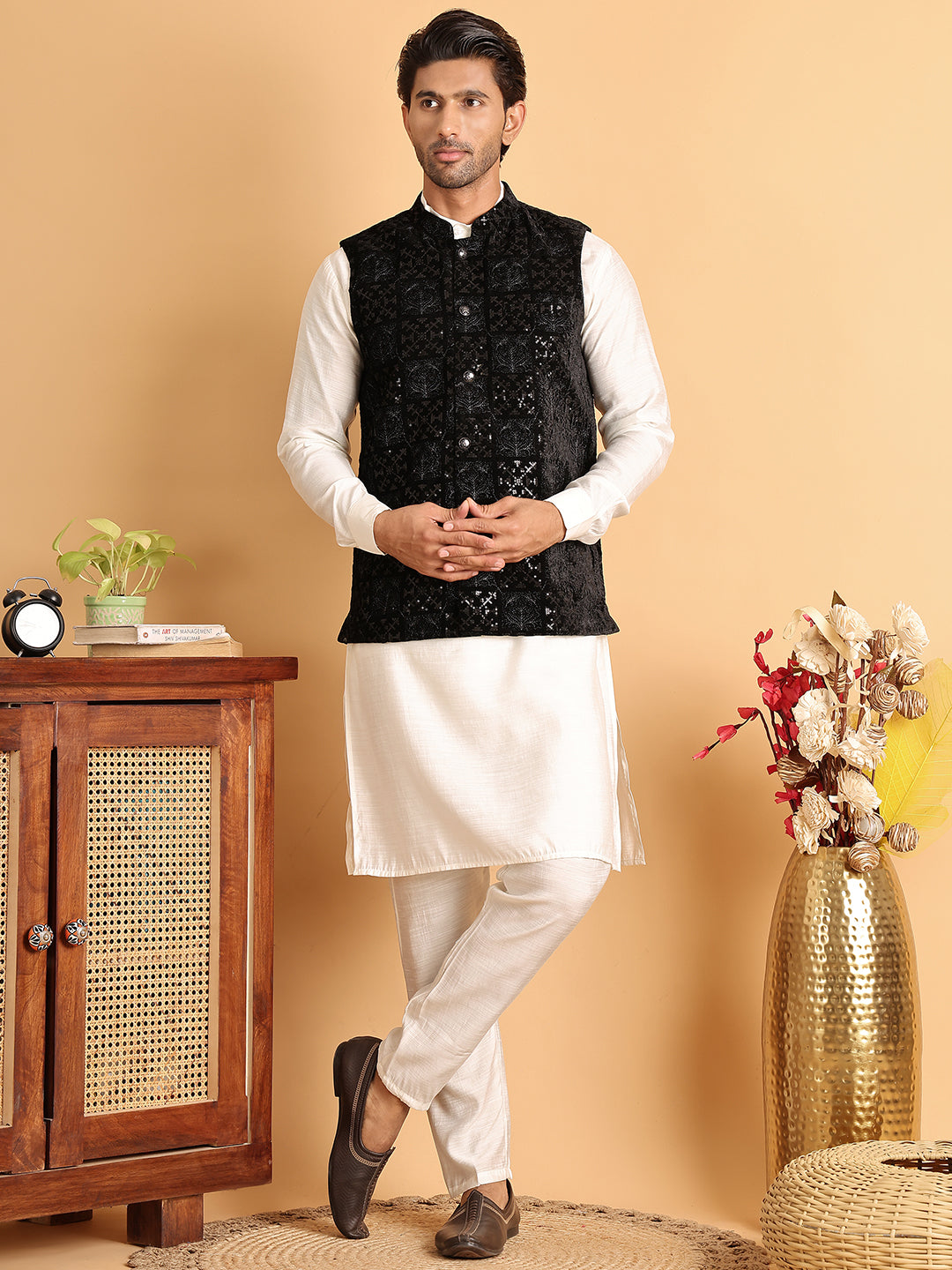 Men's Velvet Nehru Jacket With Solid Kurta Pyjama ( JOKPWC 592W 4118Black )