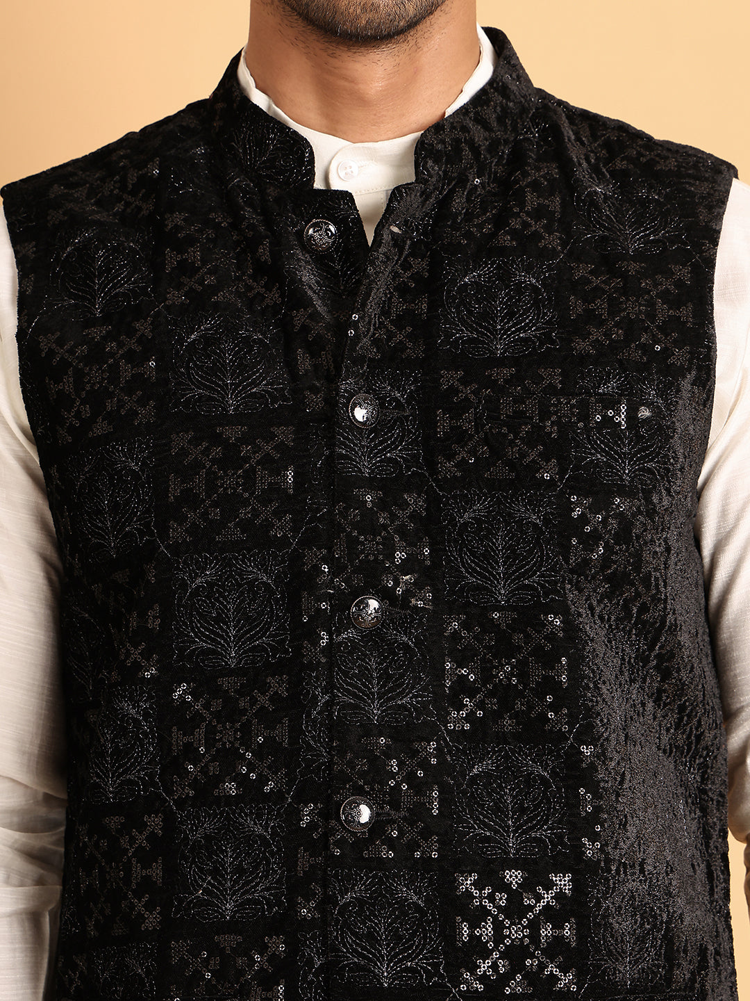Men's Velvet Nehru Jacket With Solid Kurta Pyjama ( JOKPWC 592W 4118Black )
