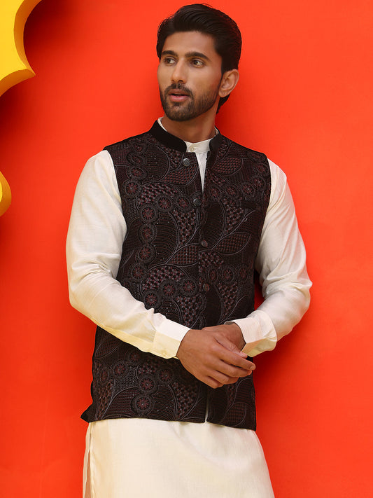 Embroidered Velvet Nehru Jacket With Solid Kurta Pyjama ( JOKPWC 592W 4123 Black )