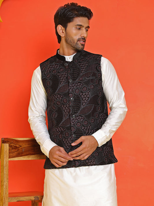 Embroidered Velvet Nehru Jacket With Solid Kurta Pyjama ( JOKPWC 592W 4123 Black )