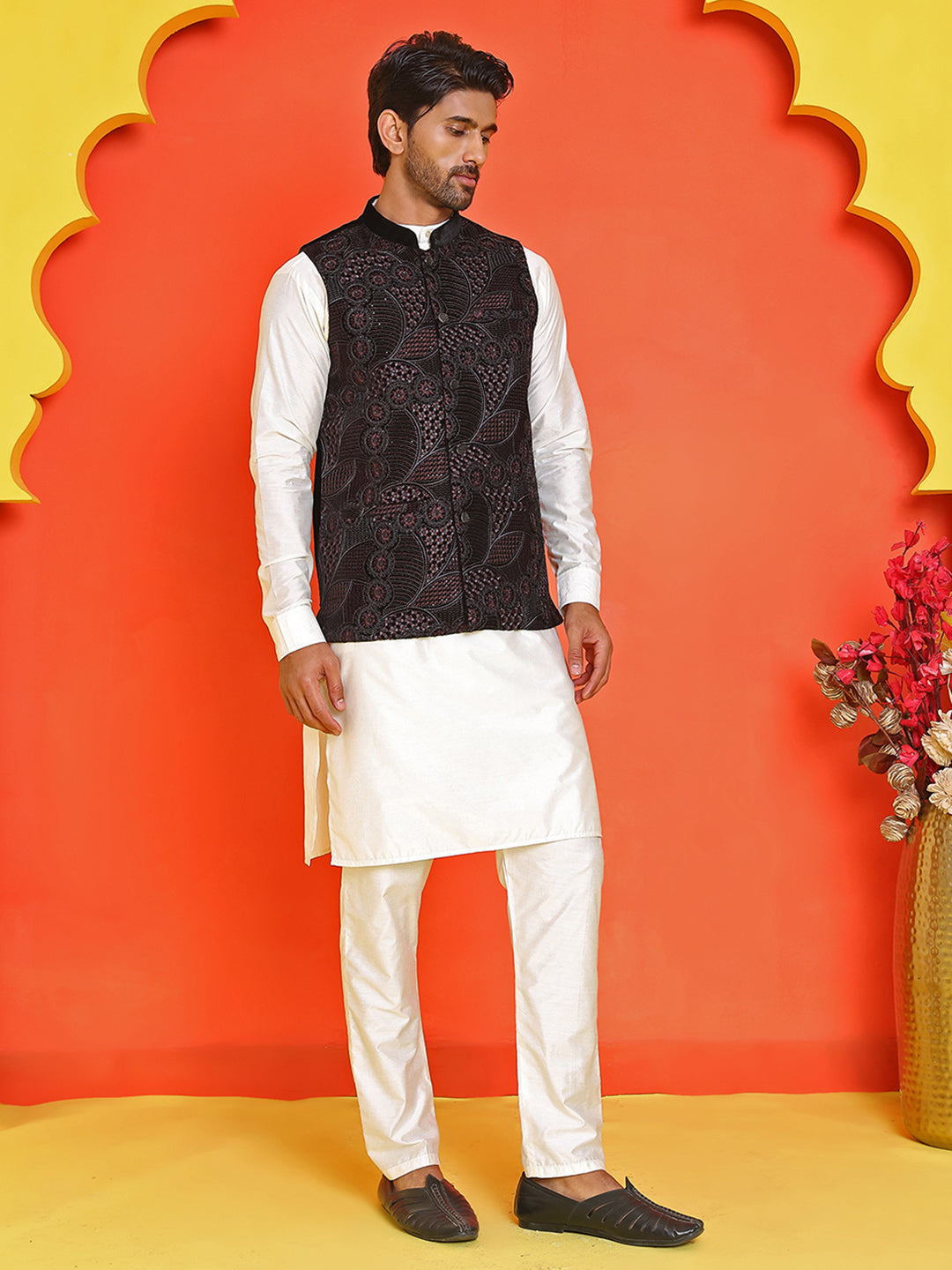 Embroidered Velvet Nehru Jacket With Solid Kurta Pyjama ( JOKPWC 592W 4123 Black )