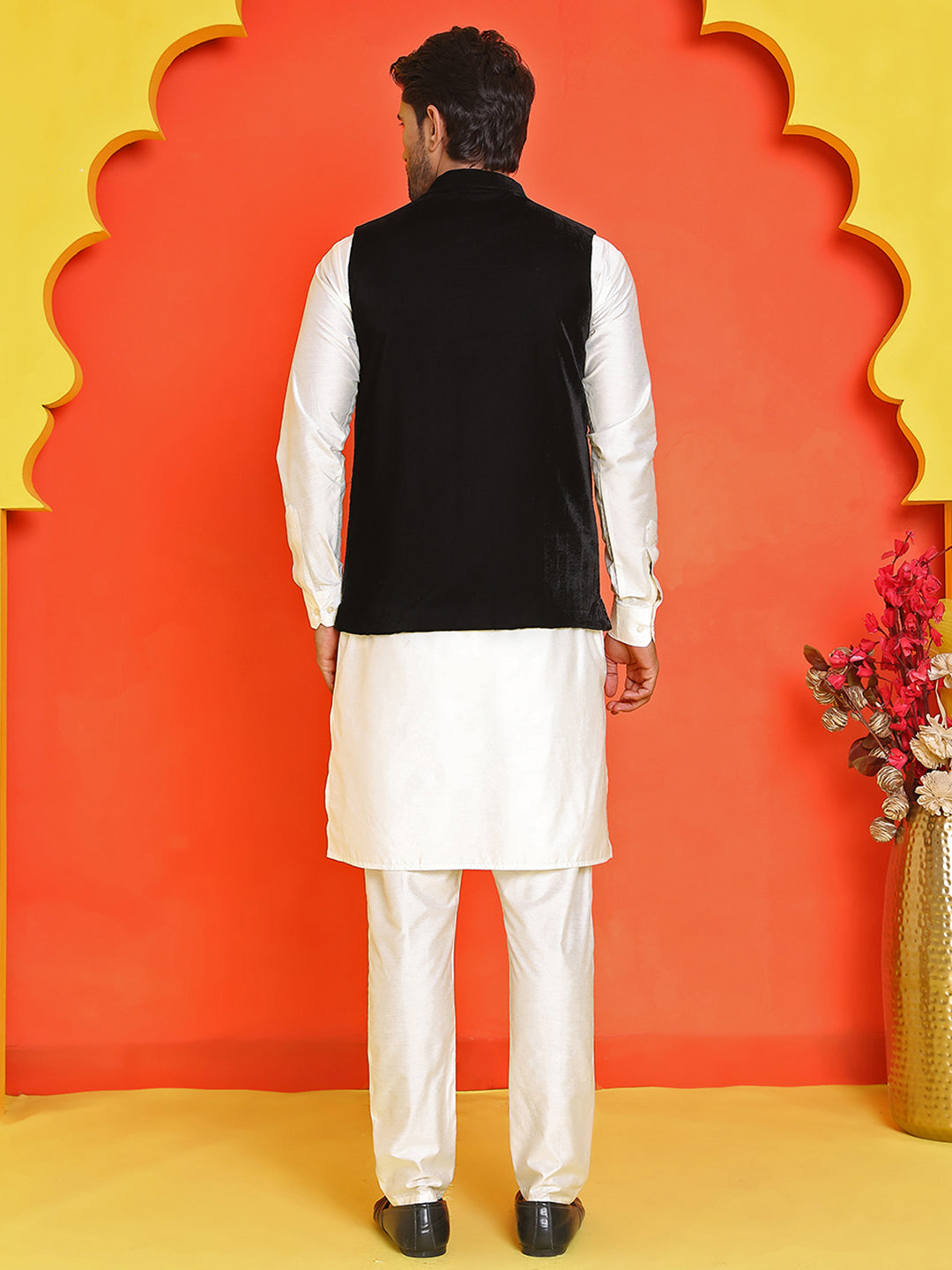 Embroidered Velvet Nehru Jacket With Solid Kurta Pyjama ( JOKPWC 592W 4123 Black )