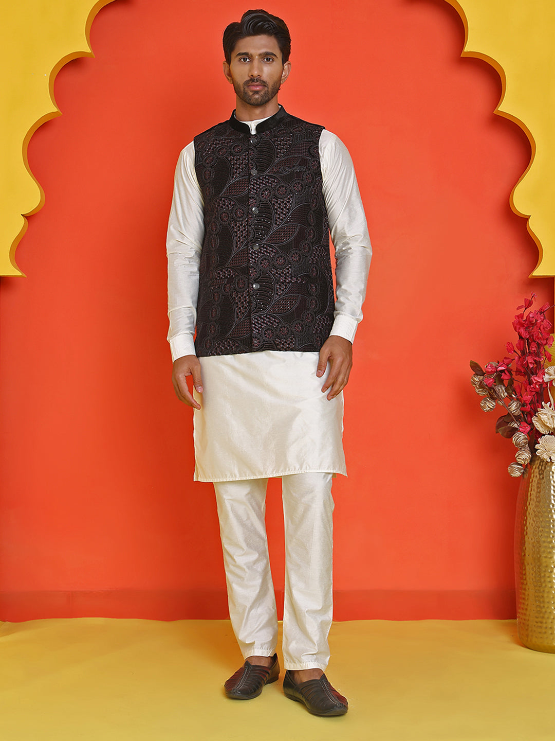 Embroidered Velvet Nehru Jacket With Solid Kurta Pyjama ( JOKPWC 592W 4123 Black )