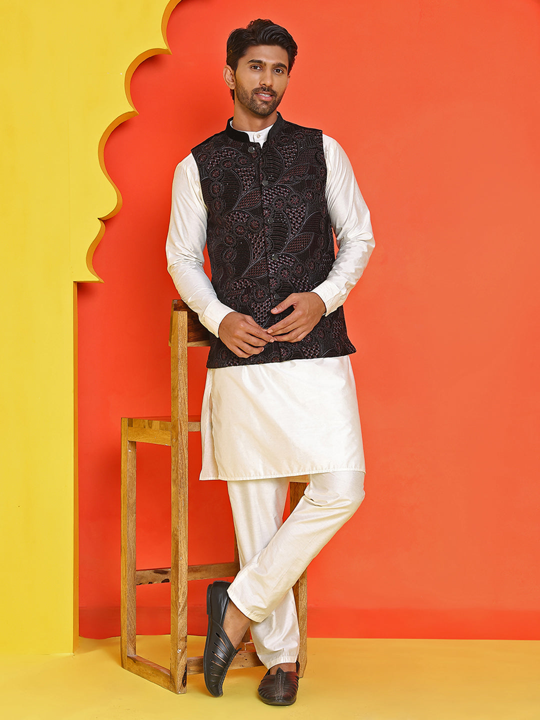Embroidered Velvet Nehru Jacket With Solid Kurta Pyjama ( JOKPWC 592W 4123 Black )