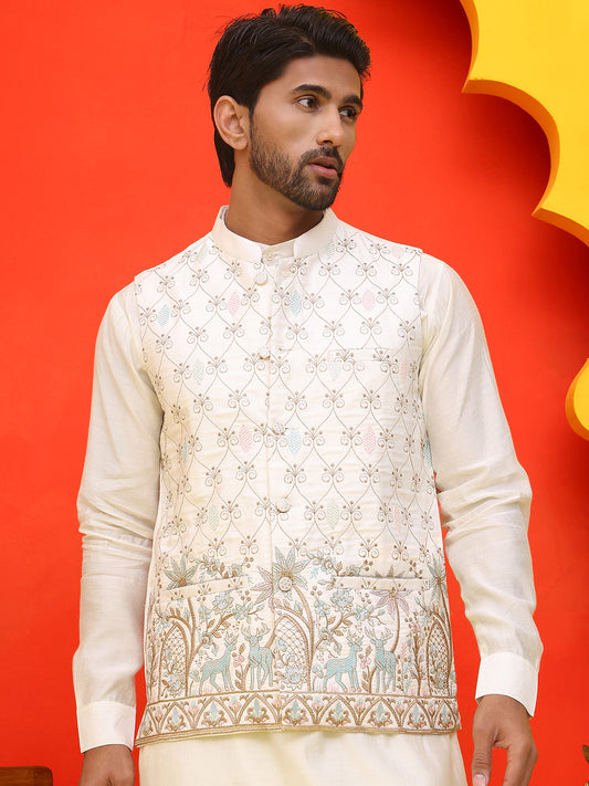 Embroidered Nehru Jacket With Solid Kurta Pyjama ( JOKPWC 592W 4124 White )