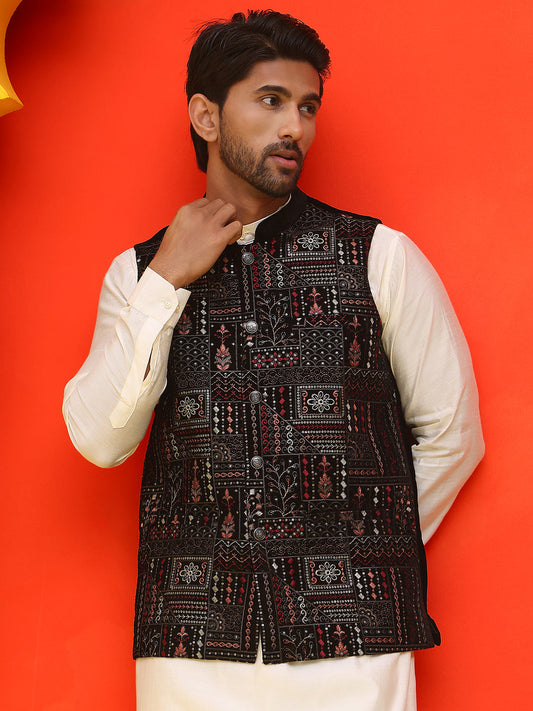 Embroidered Velvet Nehru Jacket With Solid Kurta Pyjama ( JOKPWC 592W 4125 Black )
