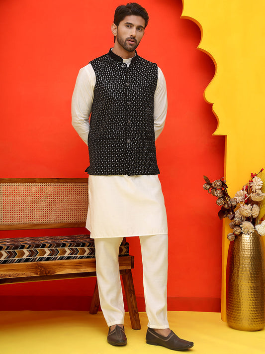 Embroidered Velvet Nehru Jacket With Solid Kurta Pyjama ( JOKPWC 592W 4126 Black )
