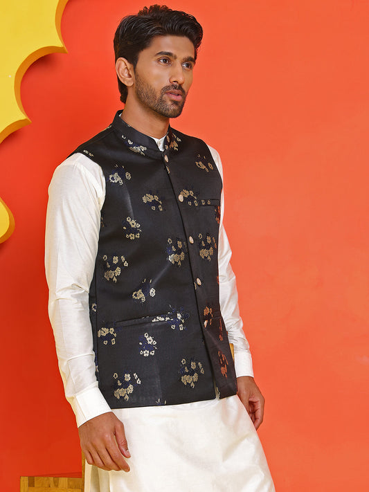 Embossed  Nehru Jacket With Solid Kurta Pyjama ( JOKPWC 592W 4130 Black )