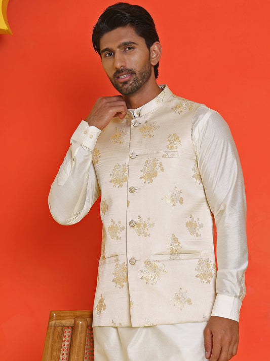 Embossed  Nehru Jacket With Solid Kurta Pyjama ( JOKPWC 592W 4130 Cream )