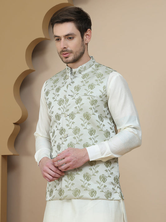 Embossed Nehru Jacket with Solid Kurta Set for Men ( JOKPWC 592W 4133 Pista )