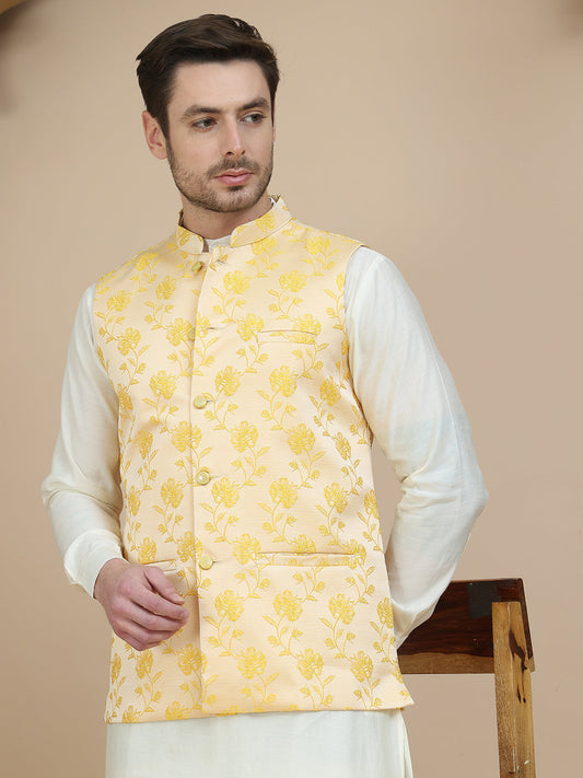 Embossed Nehru Jacket with Solid Kurta Set for Men ( JOKPWC 592W 4133 Yellow )