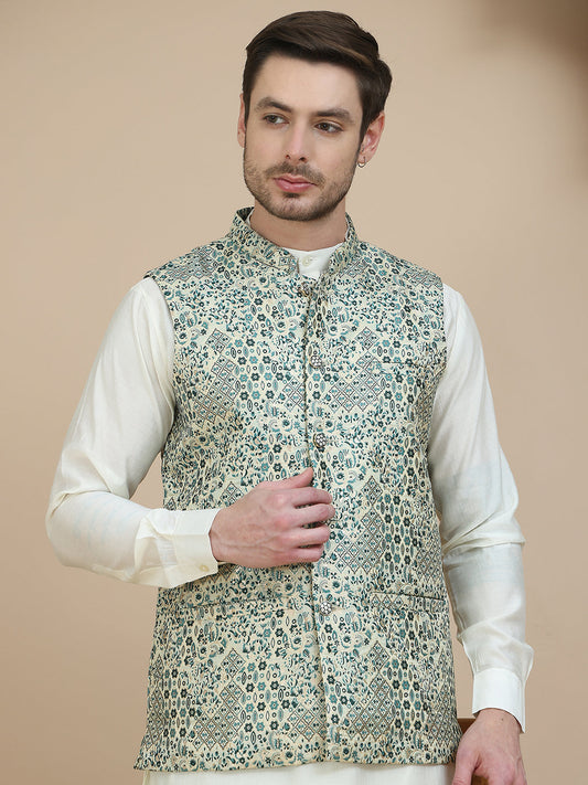 Embossed Nehru Jacket with Solid Kurta Set for Men ( JOKPWC 592W 4134 Blue )