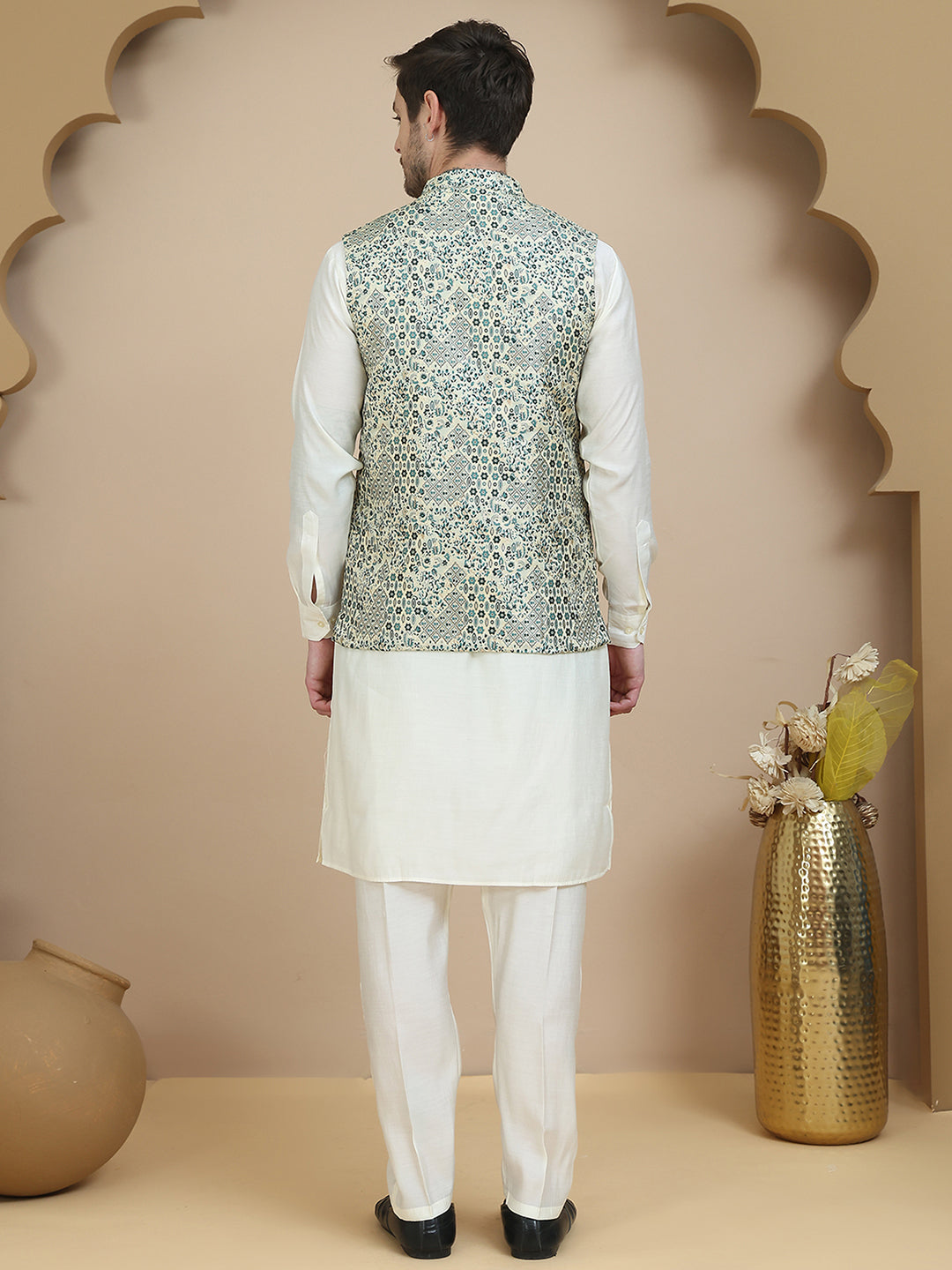 Embossed Nehru Jacket with Solid Kurta Set for Men ( JOKPWC 592W 4134 Blue )