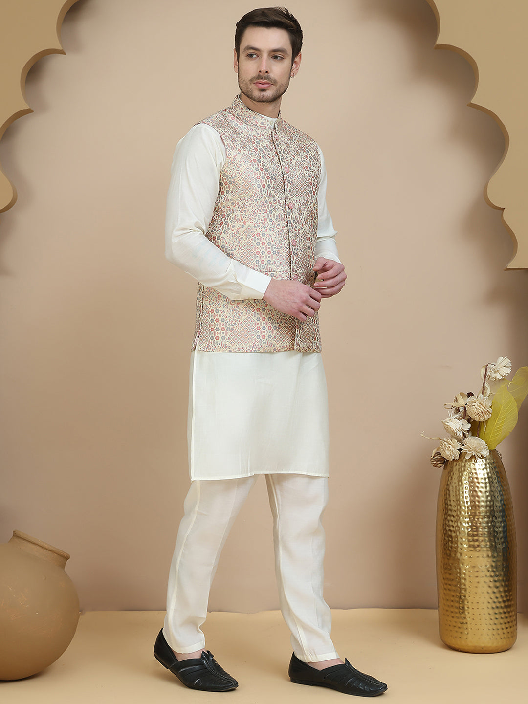 Embossed Nehru Jacket with Solid Kurta Set for Men ( JOKPWC 592W 4134 Coral )