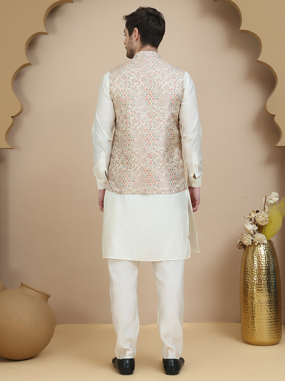 Embossed Nehru Jacket with Solid Kurta Set for Men ( JOKPWC 592W 4134 Coral )