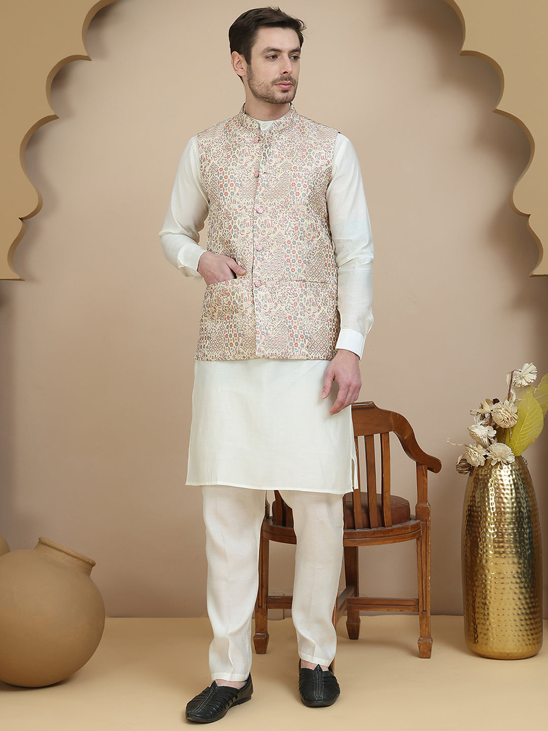 Embossed Nehru Jacket with Solid Kurta Set for Men ( JOKPWC 592W 4134 Coral )