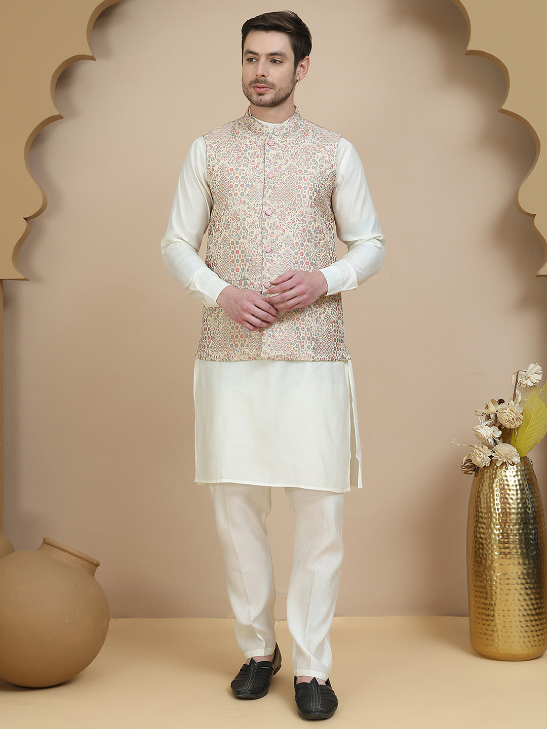 Embossed Nehru Jacket with Solid Kurta Set for Men ( JOKPWC 592W 4134 Coral )