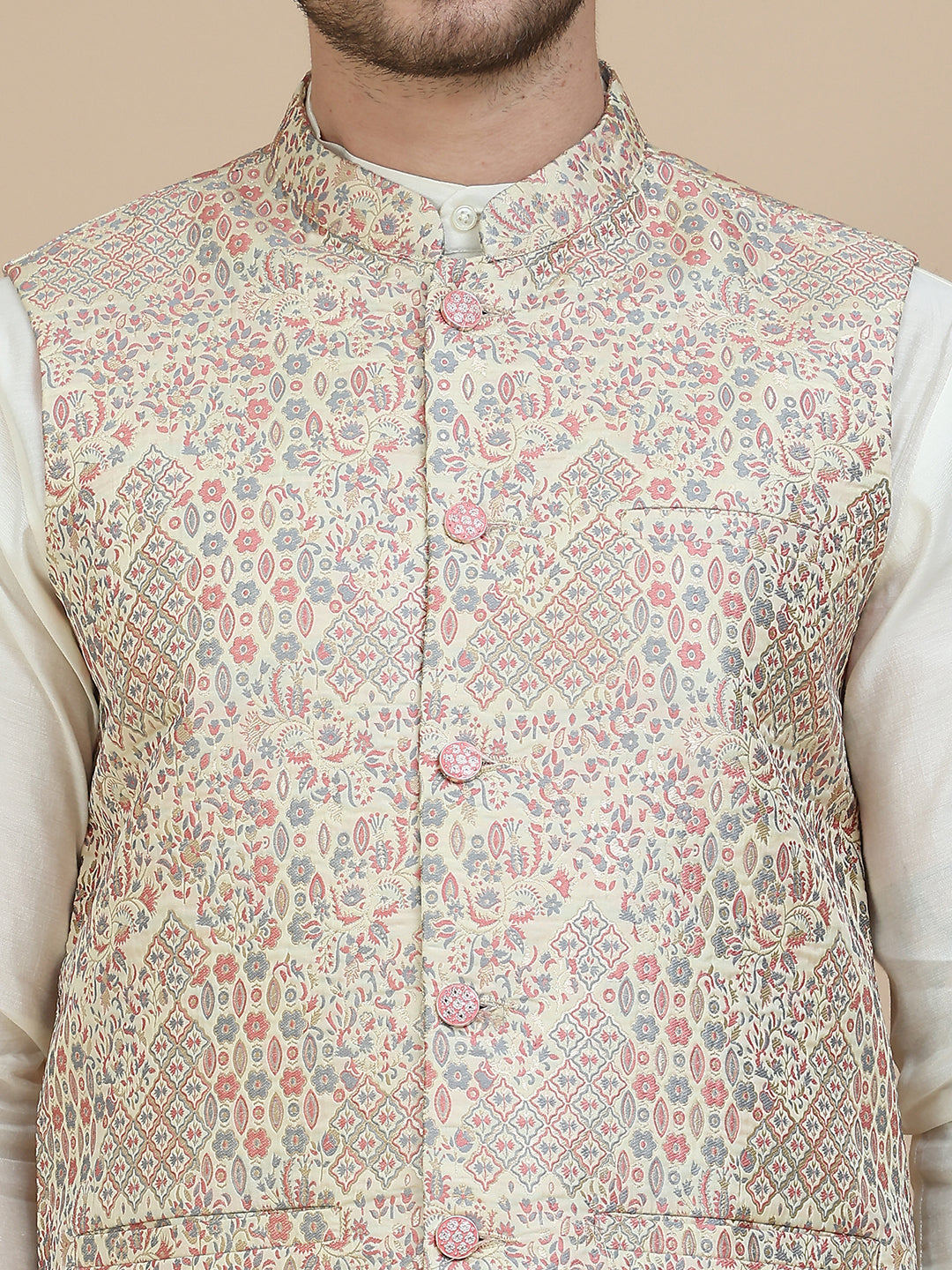 Embossed Nehru Jacket with Solid Kurta Set for Men ( JOKPWC 592W 4134 Coral )