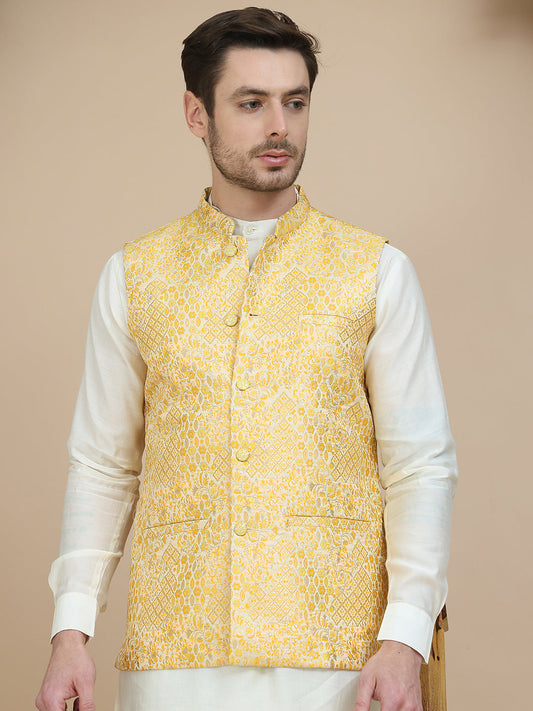 Embossed Nehru Jacket with Solid Kurta Set for Men ( JOKPWC 592W 4134 Yellow )